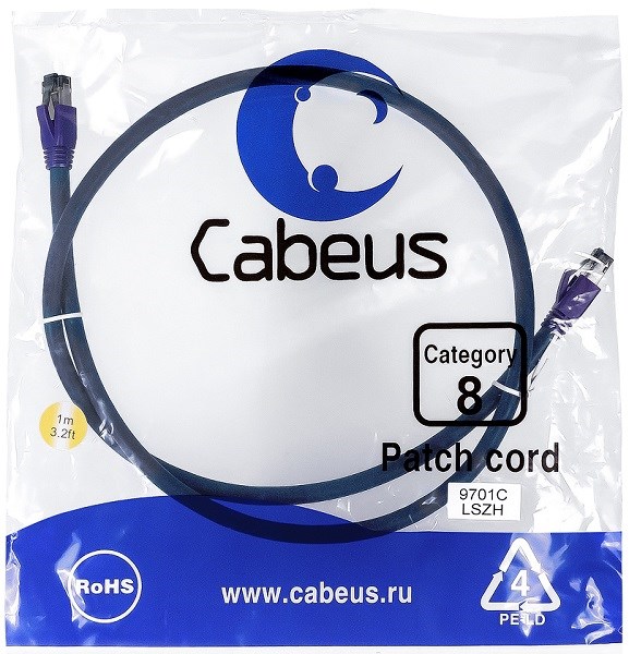 Кабель патч-корд SSTP 8 кат. 1м Cabeus PC-SSTP-RJ45-Cat.8-1m-LSZH 728384